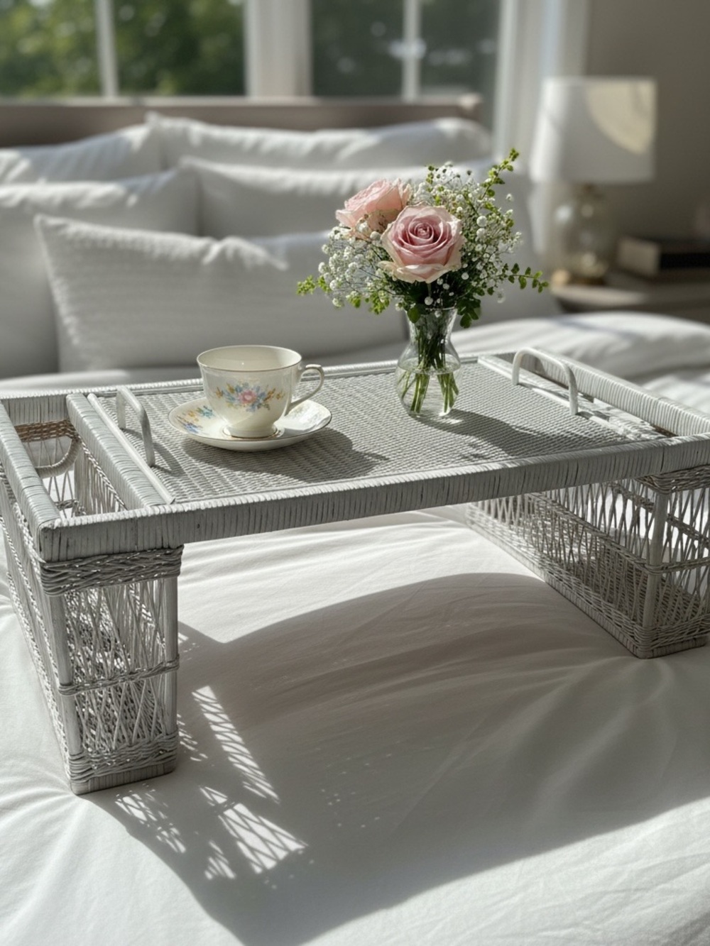 Shabby Chic White Wicker/Rattan Lap Tray (Removable) Magazine Coastal Decor
